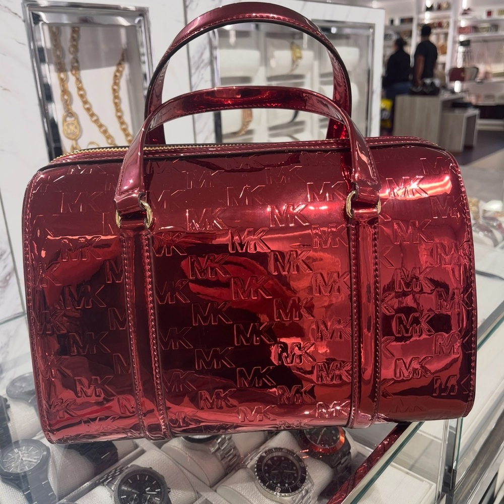 MICHAEL KORS Jet Set Medium Metallic Logo Debossed Satchel
Cherry 
NWT - Picture 4 of 15